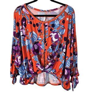Free People Keepin On Blouse Women's M Orange Purple Floral Twist Front Boho